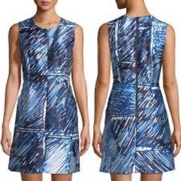 MILLY Satin Twill COCO Sheath Dress in Blue & White Scribble Print Size 2 - Picture 1 of 8
